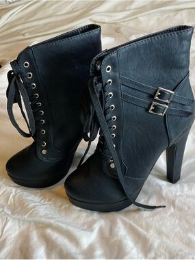 New Black High Heel Lace Up Boots with Buckle Detail